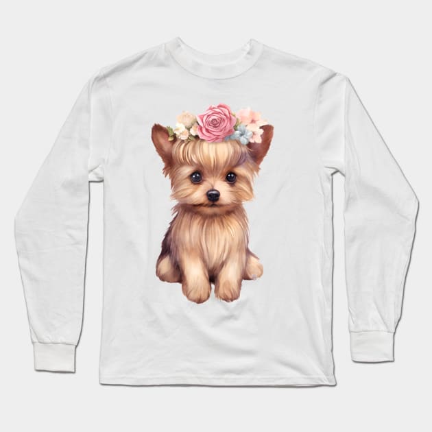 Watercolor Yorkshire Terrier Dog with Head Wreath Long Sleeve T-Shirt by Chromatic Fusion Studio